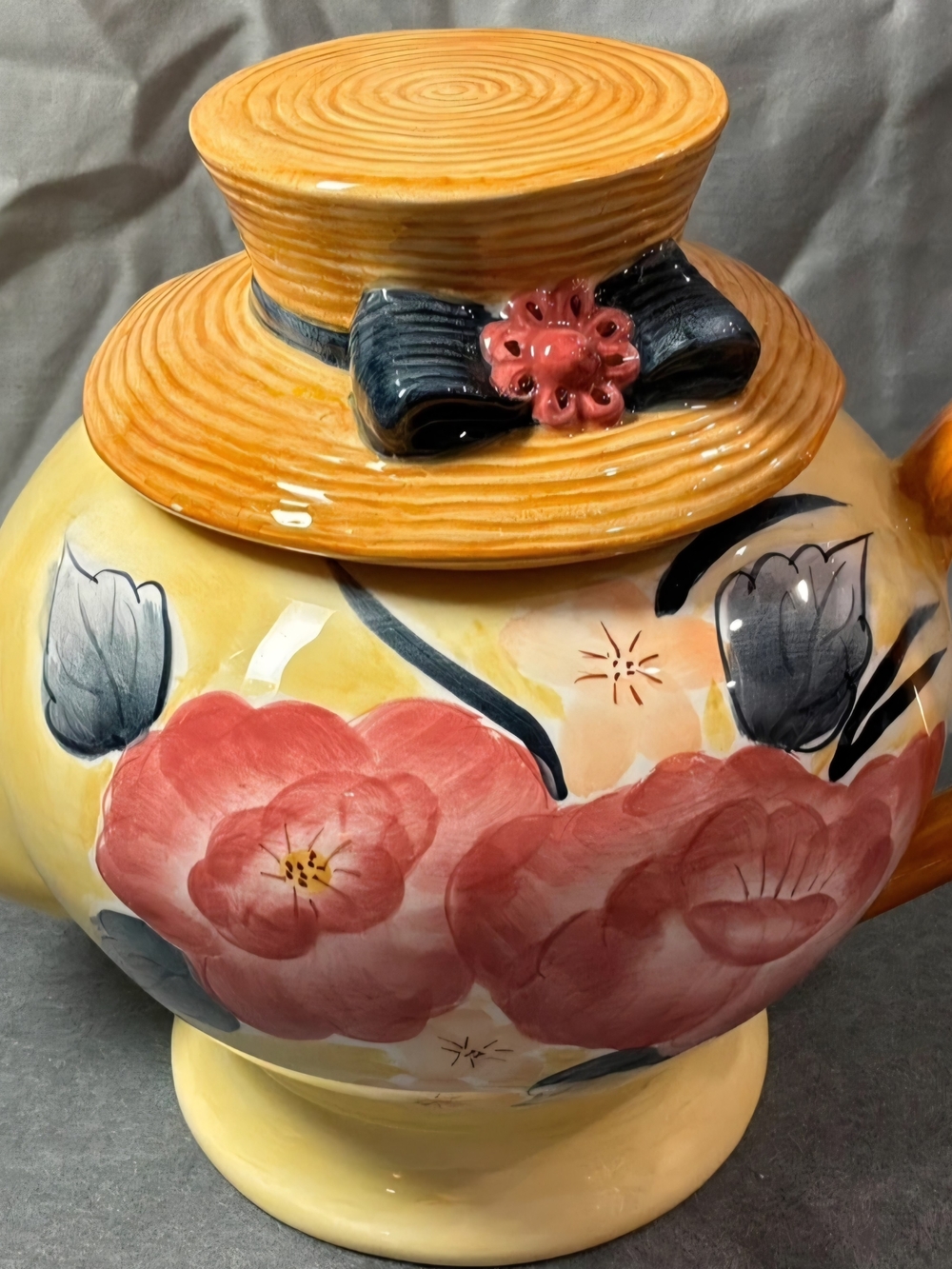 Hand-Painted Floral Ceramic Canister in Yellow, Coral & Black